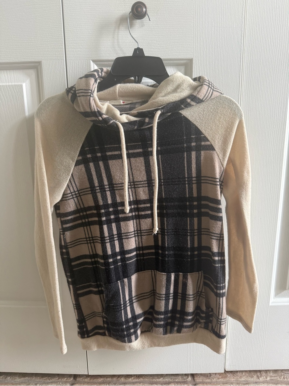 Cream Plaid Hooded Pullover Sweatshirt Womens XS